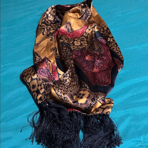 Chico's Gold and Black Patterned Scarf with Fringe - Picture 4 of 4